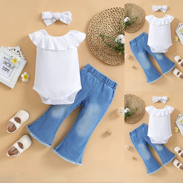 Baby Girls Solid Romper Tops+Denim Flare Jeans Sets Summer Infant Outfits 2PCS
