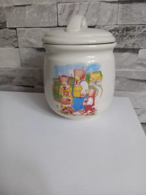 Vintage Teddy 3 Bears Picnic Honey Storage Pot  Ceramic Lidded  Container 11Cms 3