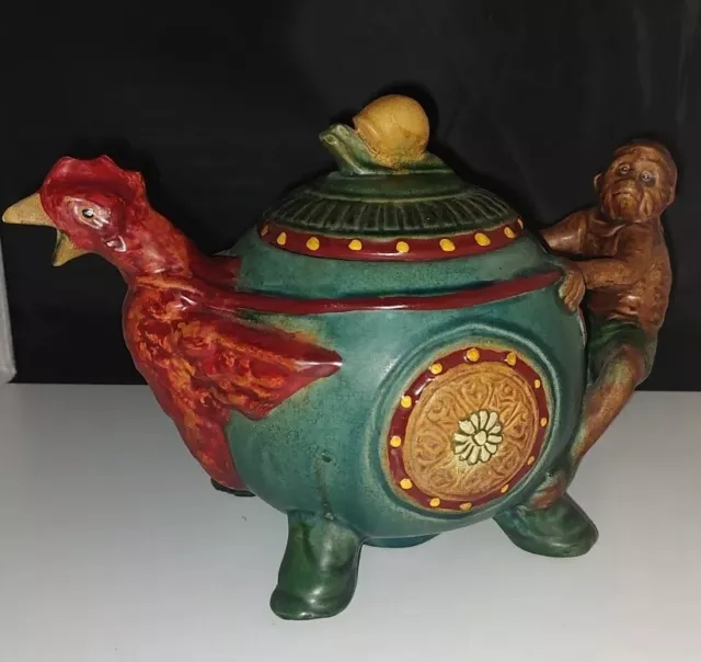 VTG Chinese Export Minton Style Majolica Stylized Teapot Monkey Chicken Snail