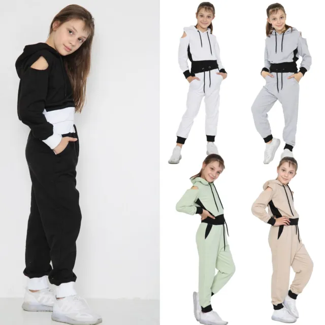 Girls Hooded Crop Top Loungewear Tracksuit Kids Cut Out Joggers Sports Gym Set