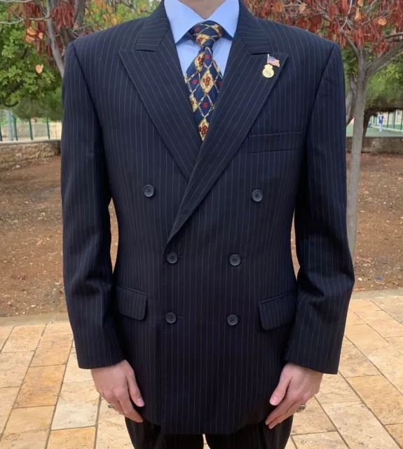 Vintage handtailored bespoke classic Mens striped db gangster full suit size 38R