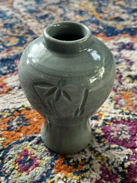 Vintage Miniature Celadon Glazed Porcelain Vase Oriental Rare Crackle Glaze