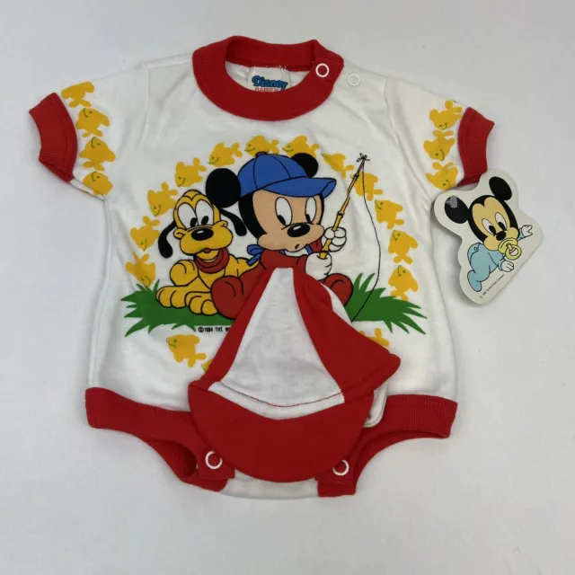 Vintage 1984 Disney Babies Baby Mickey & Pluto Fishing Romper Cap Newborn-6 Mos