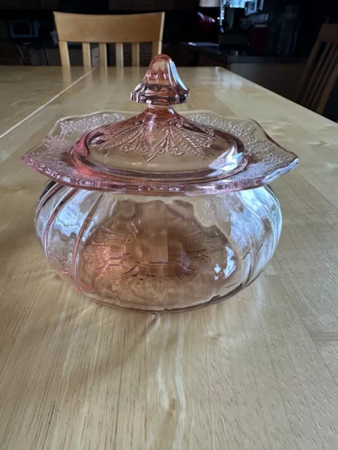 Jeannette Glass Co. "Adam" Patterned Pink Depression Lidded Candy Dish