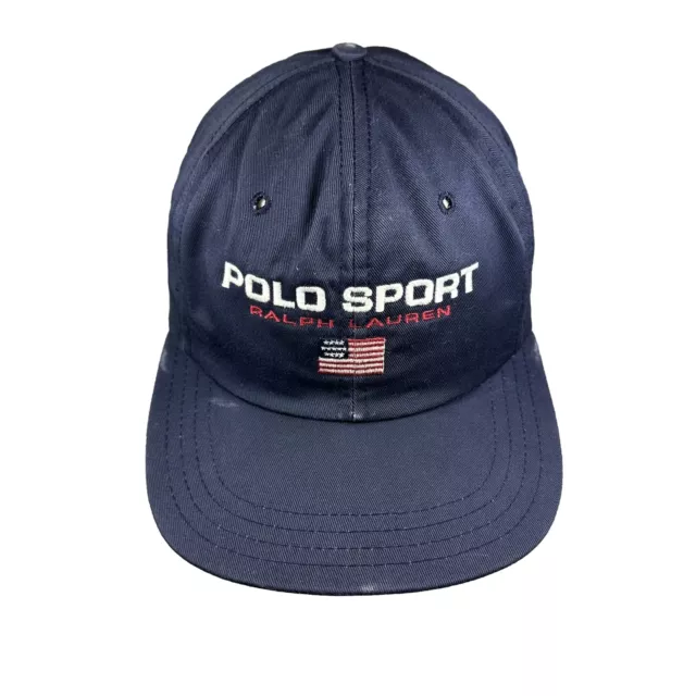 Vintage POLO Sport Ralph Lauren Strapback Hat, Navy Blue Cap w/ American Flag