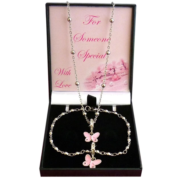 Zartes rosa Schmetterlingsschmuck-Set, Halskette, Armband, Geschenke für Mädchen, Neu