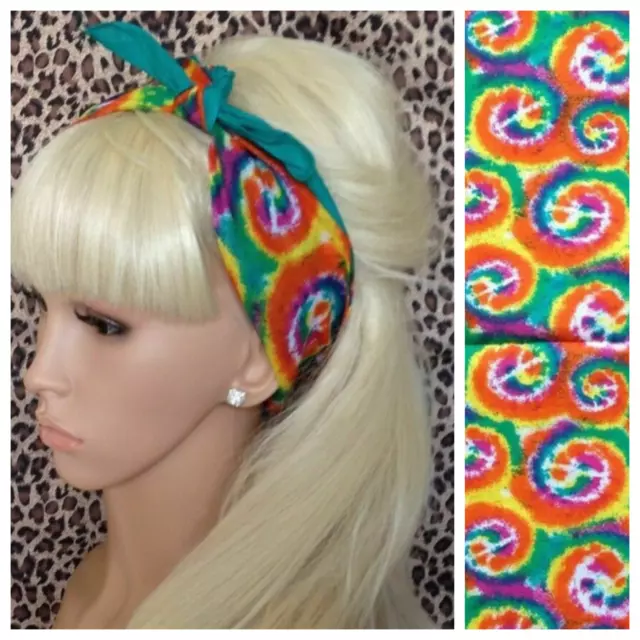Multicolour Rainbow Swirl Square Cotton Bandana Headband Hair Tie Neck Scarf