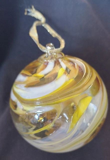 Vintage Hand Blown Glass Ball Ornament Swirl Golden with White
