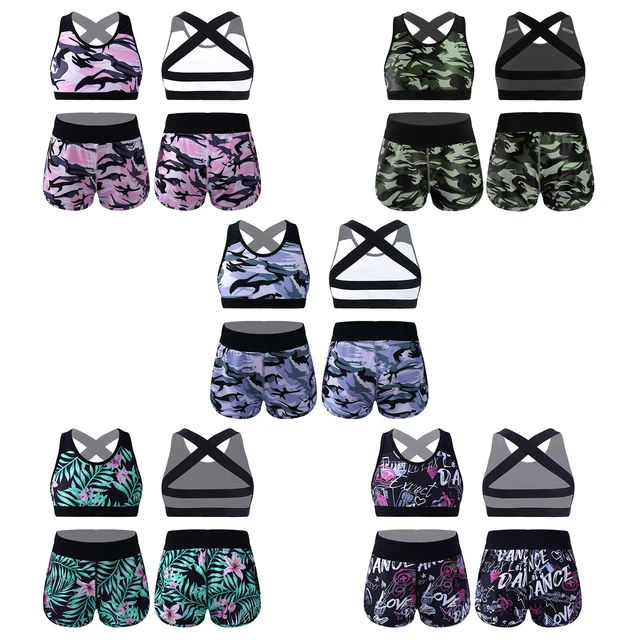 Girls Summer Tracksuits Dance Gymnastics Outfits Racerback Crop Top Shorts Sets