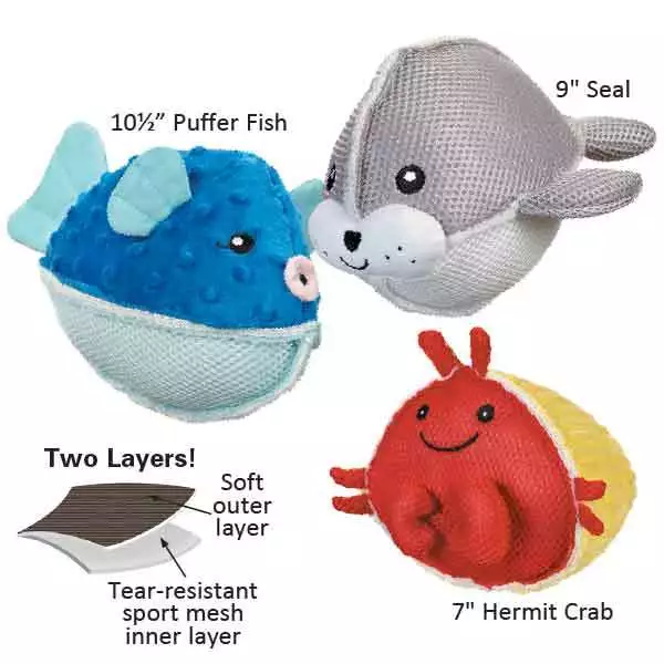 Aquadudes Dog Toy Ocean Friends Choose Creature or Set of Pufferfish Seal & Crab