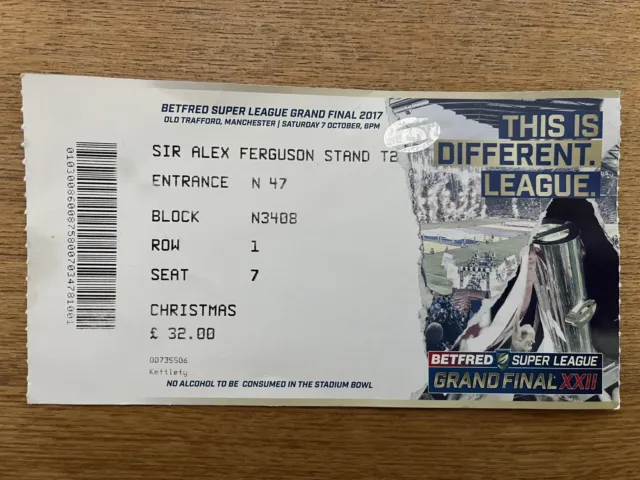 Rugby League Super League Grand Final Used Ticket Stub Leeds vs Castleford 2017