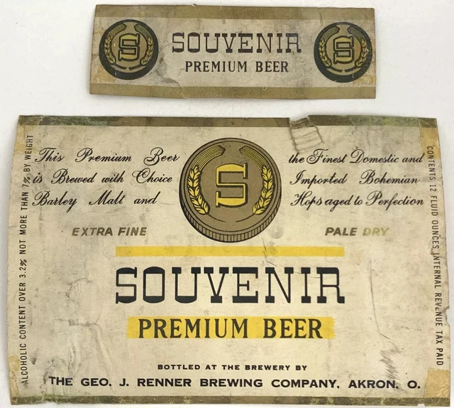 IRTP Vintage Souvenir Premium Beer Bottle Label Renner Akron Ohio & Neckband