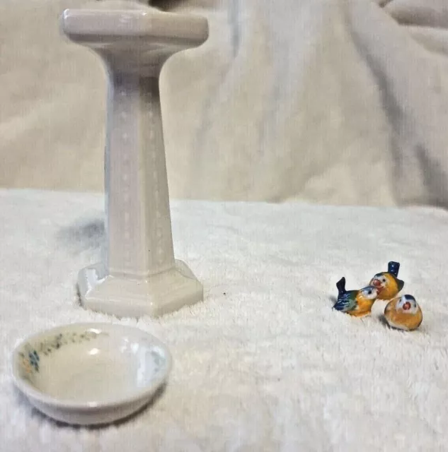 Ceramic Miniature Ornaments - Bird Bath on pedestal with birds x 2