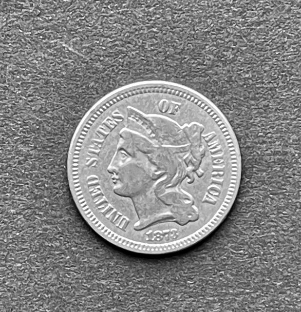 1873 Three Cent (3C) Nickel 3¢, Open 3, Rare Repunched Obverse Letters, Fine+