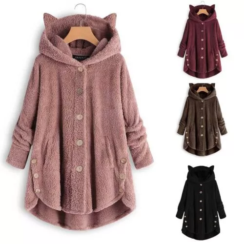 Warm Fluffy Fleece Hoodie Faux Fur Coat Hooded Button Girls Cat Ear Jacket