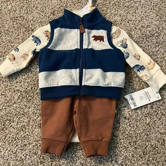 Carters Baby Boy Newborn 3-Piece Fleece Vest Top & Bottoms Set NEW