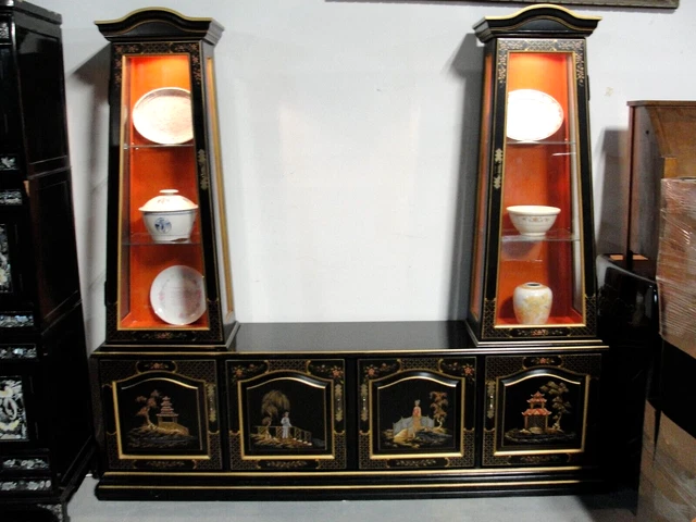 Asian Black Laquer Sideboard Credenza Lighted Display Case Curio China Cabinet