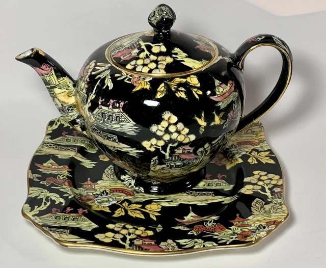 VTG Royal Winton Grimwades Black PEKIN CHINTZ ORIENTAL Porcelain TEAPOT & PLATE