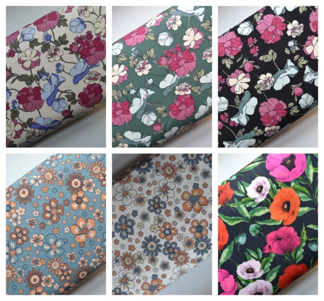 Poppy Summer Floral Printed Cotton Stretch Jersey Fabric Material - 9 Colours