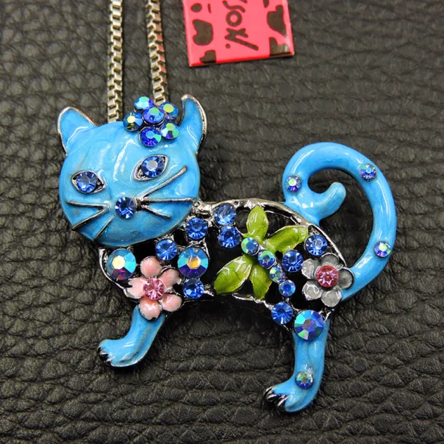 Hot Betsey Johnson Blue Crystal Cat Bling Animal Necklace Sweater Chain