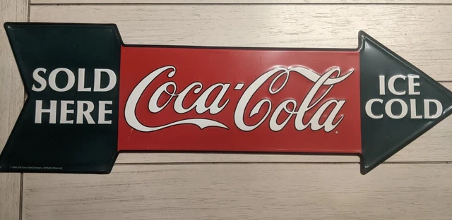 VINTAGE 1990 EMBOSSED Coca Cola Metal Arrow Sign Tin Coke