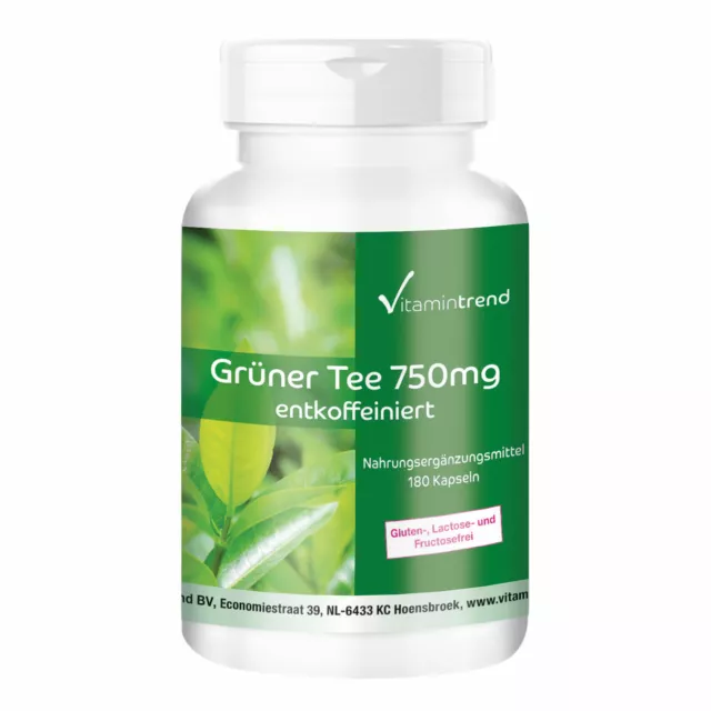 Grüner Tee Extrakt 750 mg - 180 Kapseln - entkoffeiniert - VEGAN | Vitamintrend
