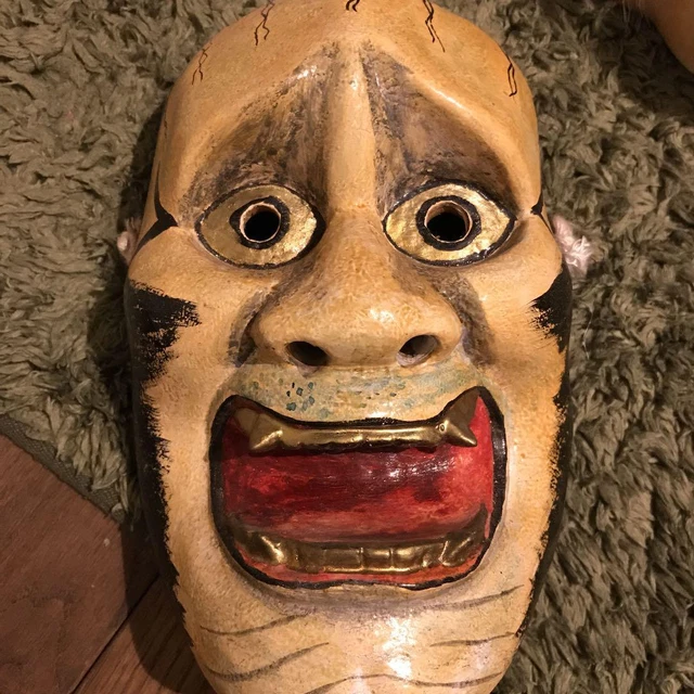 Mask wood carving handmade ONI devil color beige vintage traditional crafts used