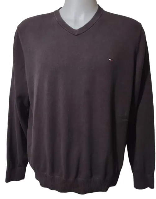 Tommy Hilfiger Sweater Men's Large Knit V Neck Pullover Logo Brown Long Sleeve