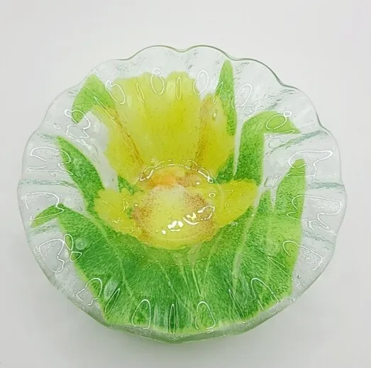 Sydenstricker Yellow orchid Flower Fused Art Glass Ruffled Edge Nut Bowl 6.75"