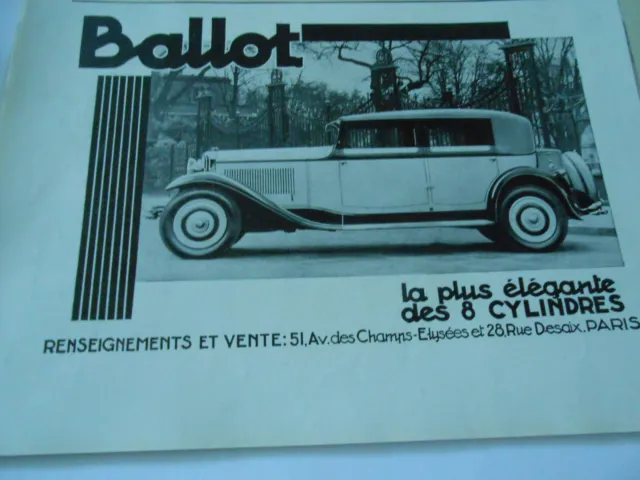 Publicité 1930  Ballot La Plus élégante des 8 cylindres voiture