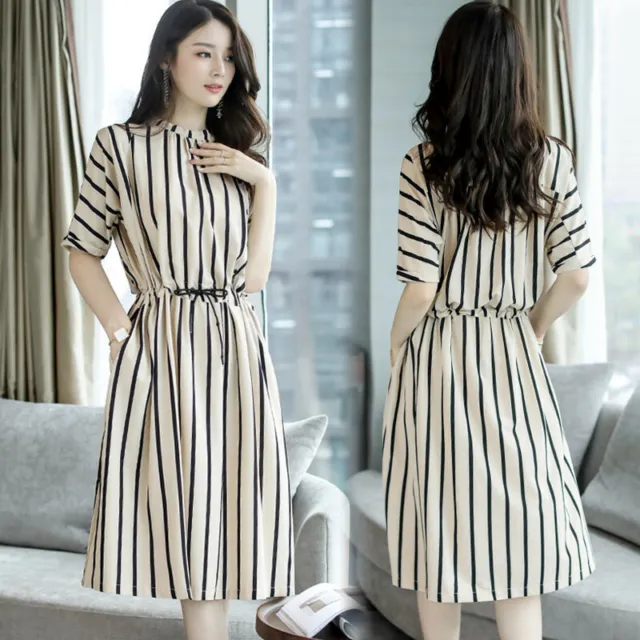 Women's Summer Plus Size Suit Was Thin Vertical Striped Five-Point Sleeve Dress