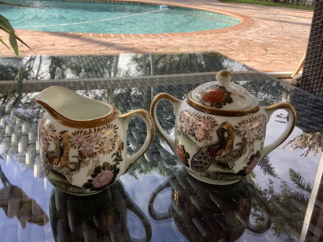 Chinese Sugar Bowl With Lid And Creamer Peacock Design 2 Piece Set