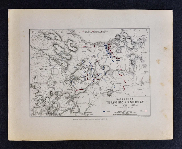 1855 Alison Military Map  Battle Turcoing & Tournay 1794 France Lille Napoleon