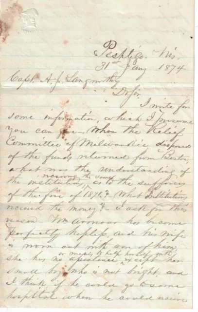 Vintage Original 1874 Letter re the Great Peshtigo ( WI) Fire