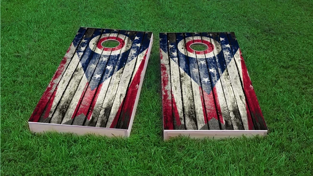 Ohio Worn / Distressed State Flag Woodslat Custom Cornhole Board Set