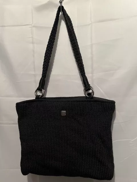 Lina Small Zip Top Black Knit Handbag Woven Shoulder Bag Purse Boho Hobo 12x8x4”