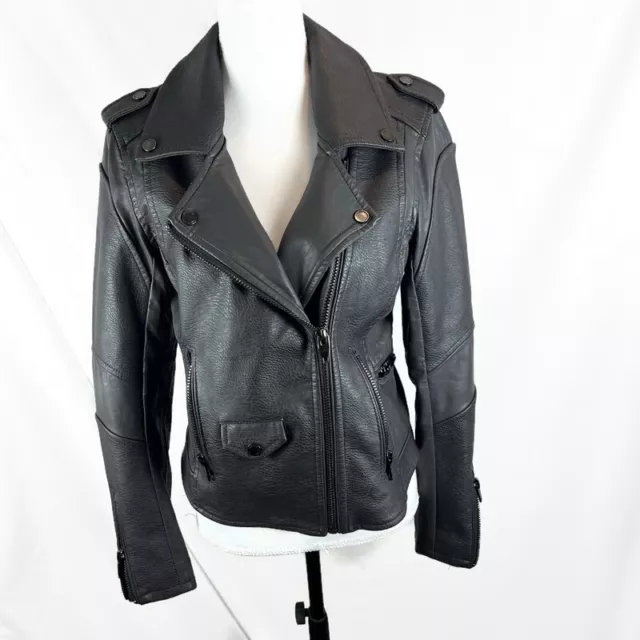 BLANKNYC Womens Jacket Faux Leather Coat Medium Biker Moto Side Zip Dark Gray