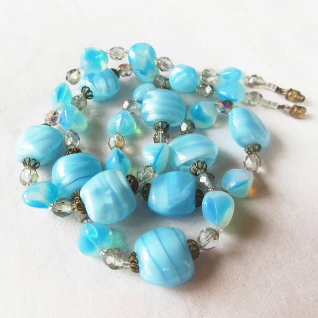 Collier Vintage Perles De Verre Bleu Turquoise - Années 30/40 - Art Déco