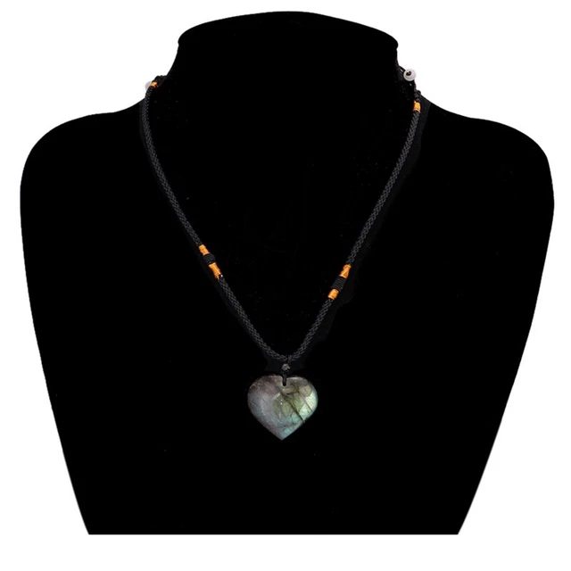 Natural Love Heart Labradorite Moonstone Pendant Healing Quartz Crystal Necklace