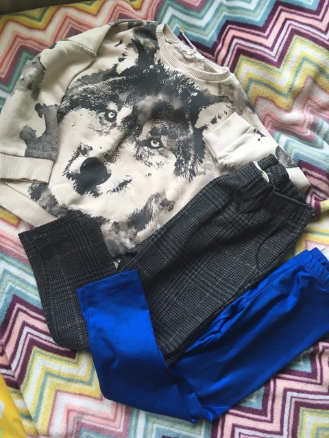 Mango girls bundle 4-5 Years outfit Wolf Jumper Checked Metallic Trousers Zara
