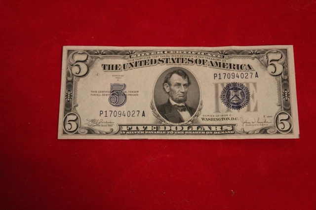 1934 C Five Dollar Silver Certificate $5 Bill Blue Seal Note Circulated