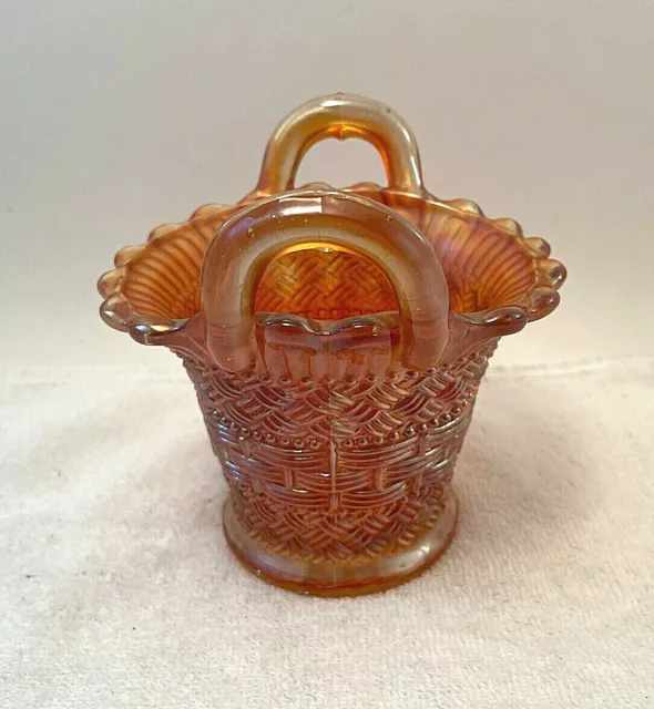 Very VTG Dugan Diamond Marigold Carnival Glass Bushel 5 1/4” Basket Weave 2