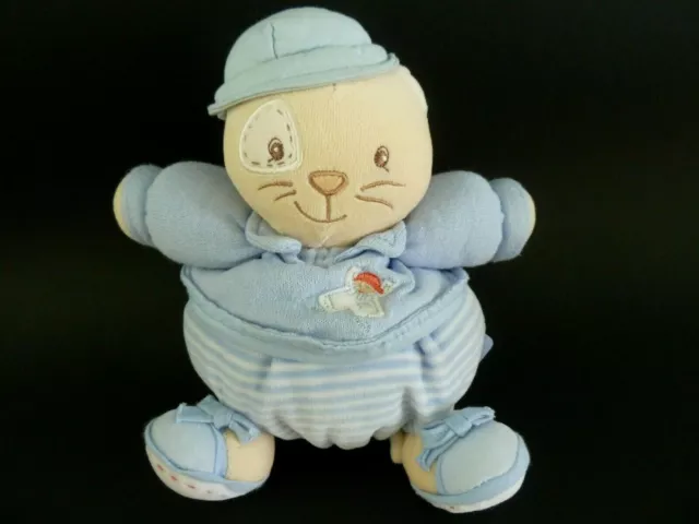 *- DOUDOU BOULE CHAT KALOO BLEU CHAPEAU ENFANT RAYE PULL 20cms - TBE