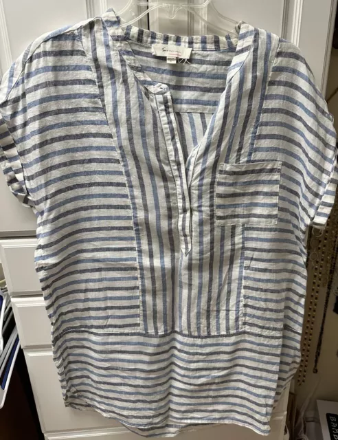 Two By Vince Camuto Size L Blue White Linen Tunic Blouse