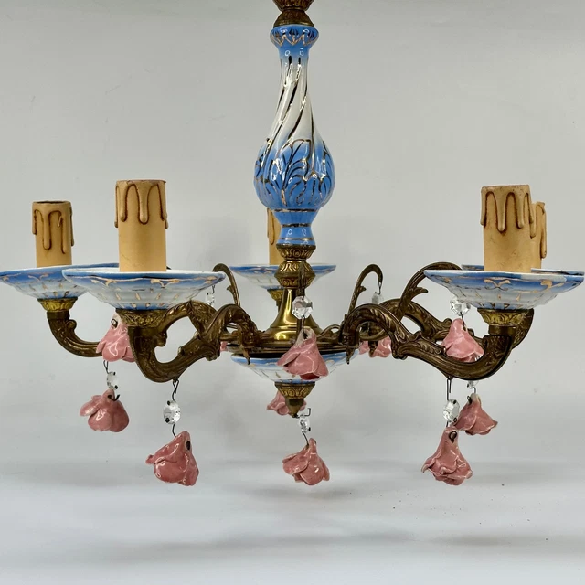 VINTAGE ITALIAN 5 Arm Small Pink Rose Drops Hand Painted Ceramic ...