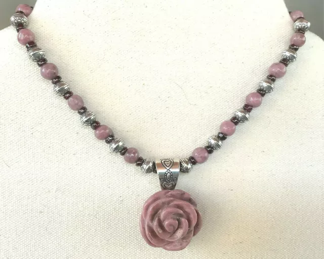 Carolyn Pollack Relios Sterling Silver Rhodonite Beaded Rose Pendant Necklace