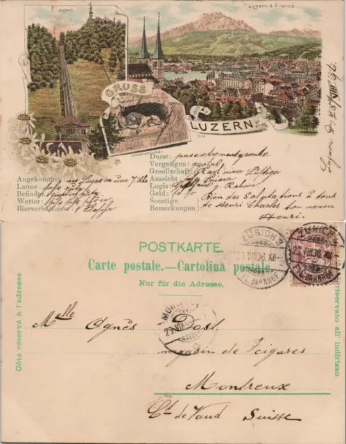 Ansichtskarte Litho AK Luzern Lucerna MB: Bahn, Totale, Denkmal 1906