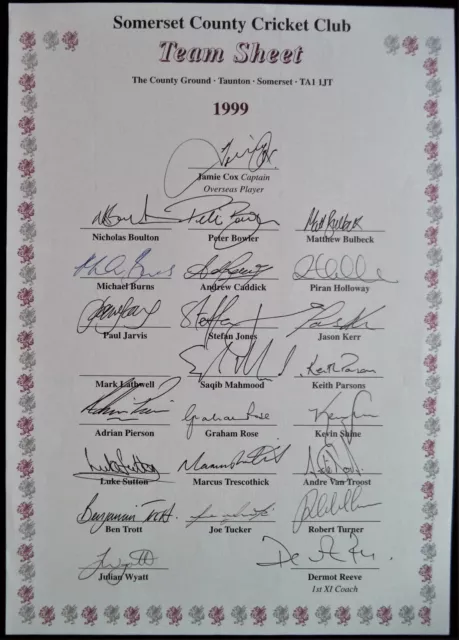 Somerset County Cricket Club 1999 Official Cricket Autograph Team Sheet