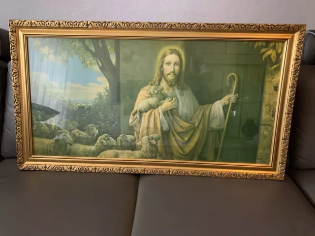 ALTES VINTAGE HEILIGEN BILD BILDER RAHMEN 110x60 GOLD Jesus Schafe 1940er/50er