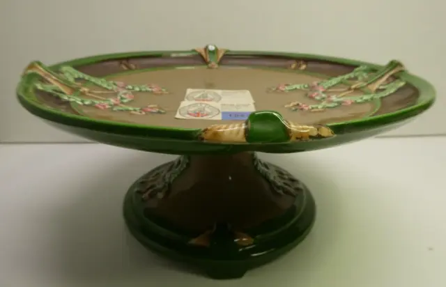 Antique Majolica Floral Pottery Table Centre Piece Art Nouveau Comport Bowl